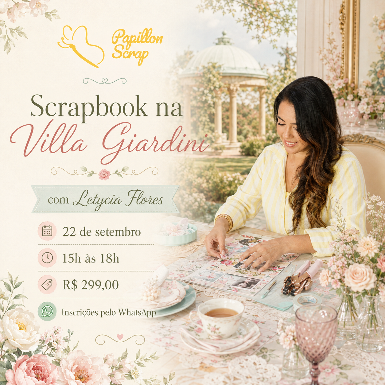 Banner de divulgação: Scrapbook na Villa Giardini com Letycia Flores